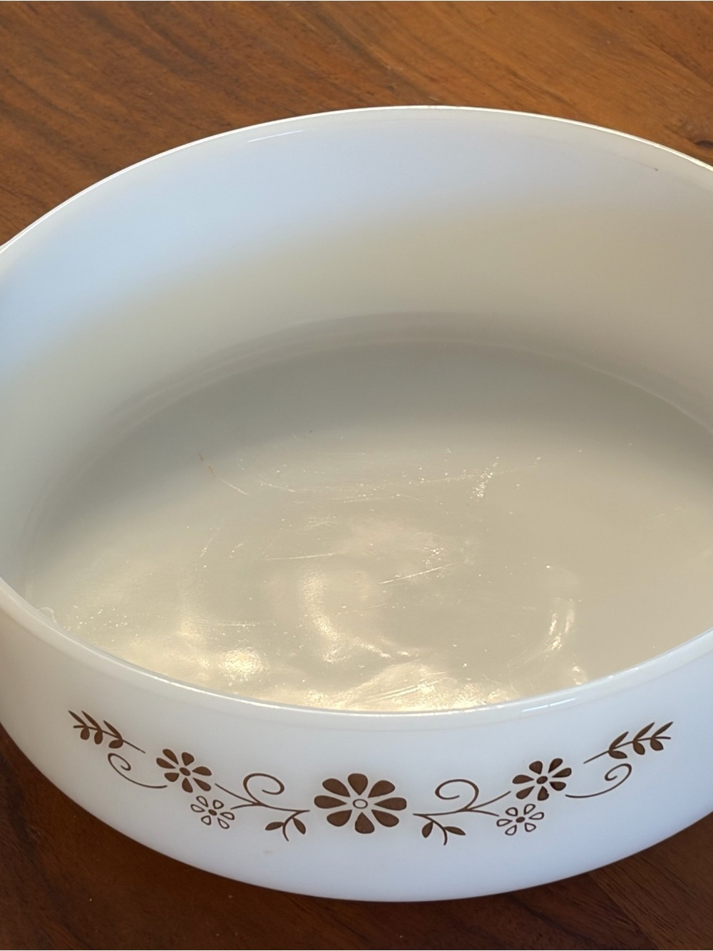 Vintage Dynaware Pyr-o-Rey oven to table milk glass baking dish brown floral